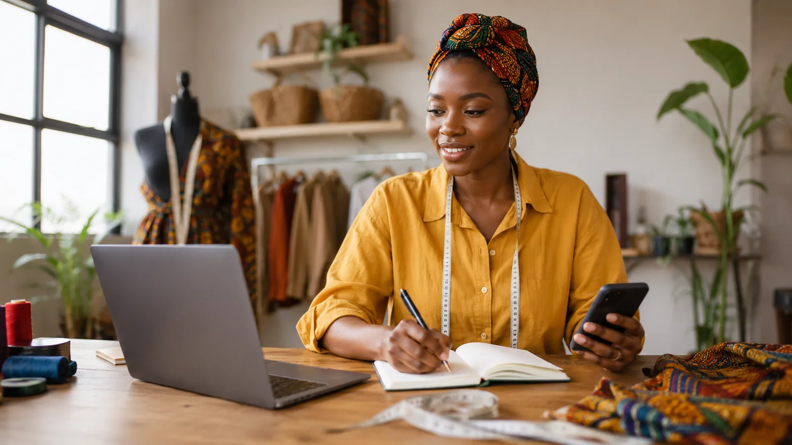 Nigerian vocational entrepreneur learning with laptop and phone